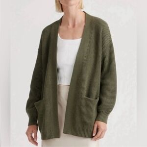 Quince 100% Organic Cotton Olive Ribbed Open-Front Pocket Cardigan Size Small